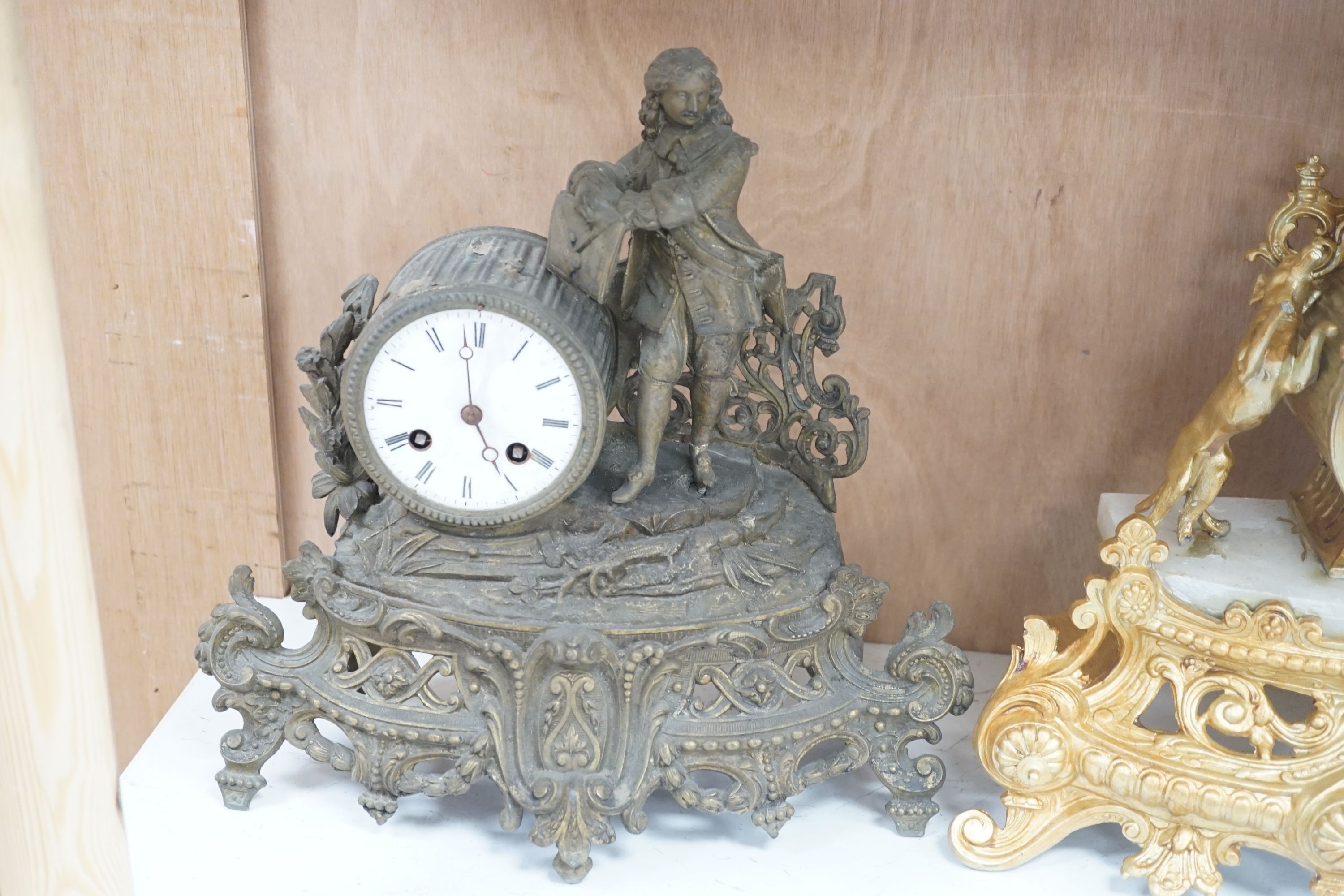 Two French spelter mantel clocks